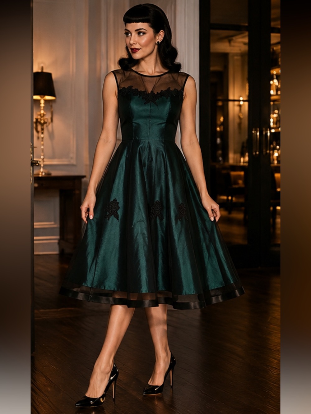 Pinup Cocktail Dress Emerald Green Black Mesh Rose Applique Belle Poque L NWT